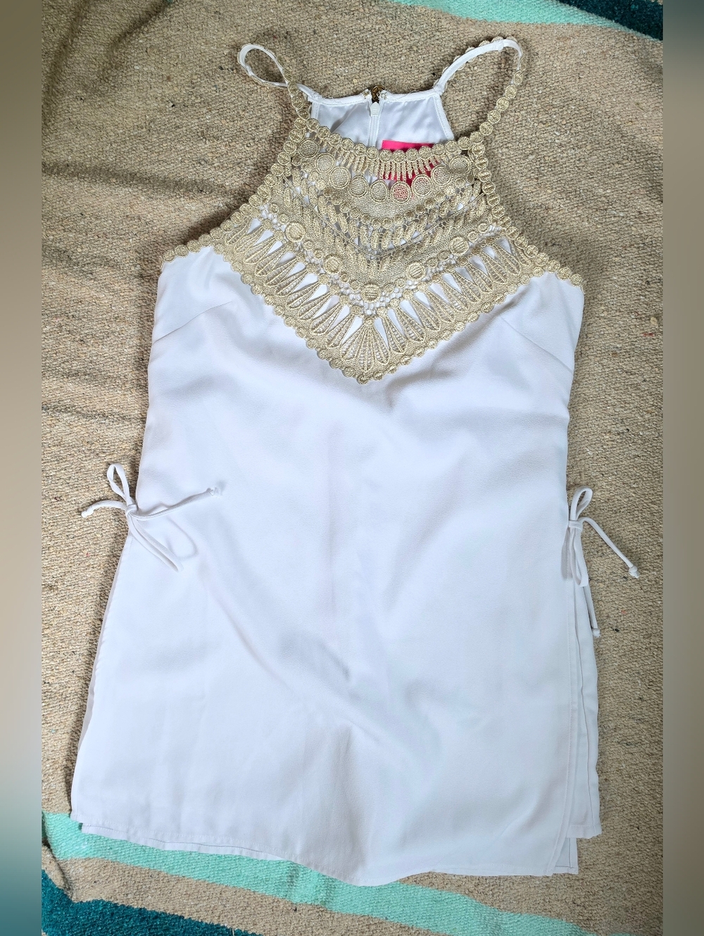 Lilly Pulitzer Pearl Romper Women's 4 Resort White w/ Gold Crochet Yoke Halter - Picture 4 of 14